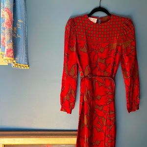 Silk 80s Maggy London Shift Dress with belt. Brown & red.